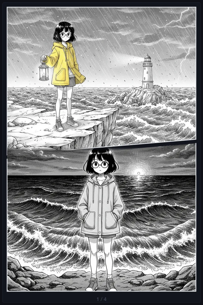 AI-generated manga page whose top panel plays as a looping clip inside the page