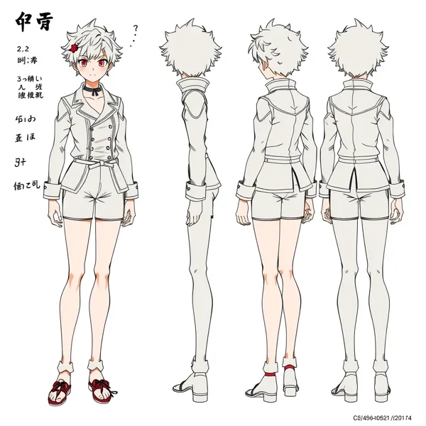 AI-generated character model sheet: front, side and back turnaround
