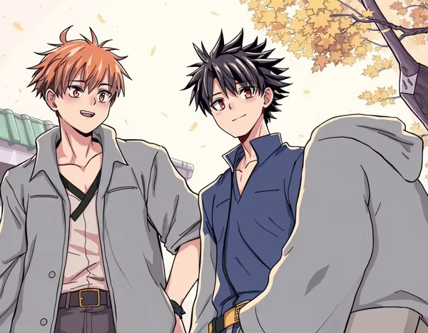 AI-generated manga panel: two characters under autumn leaves