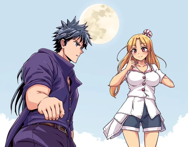 AI-generated manga panel: two characters under a full moon