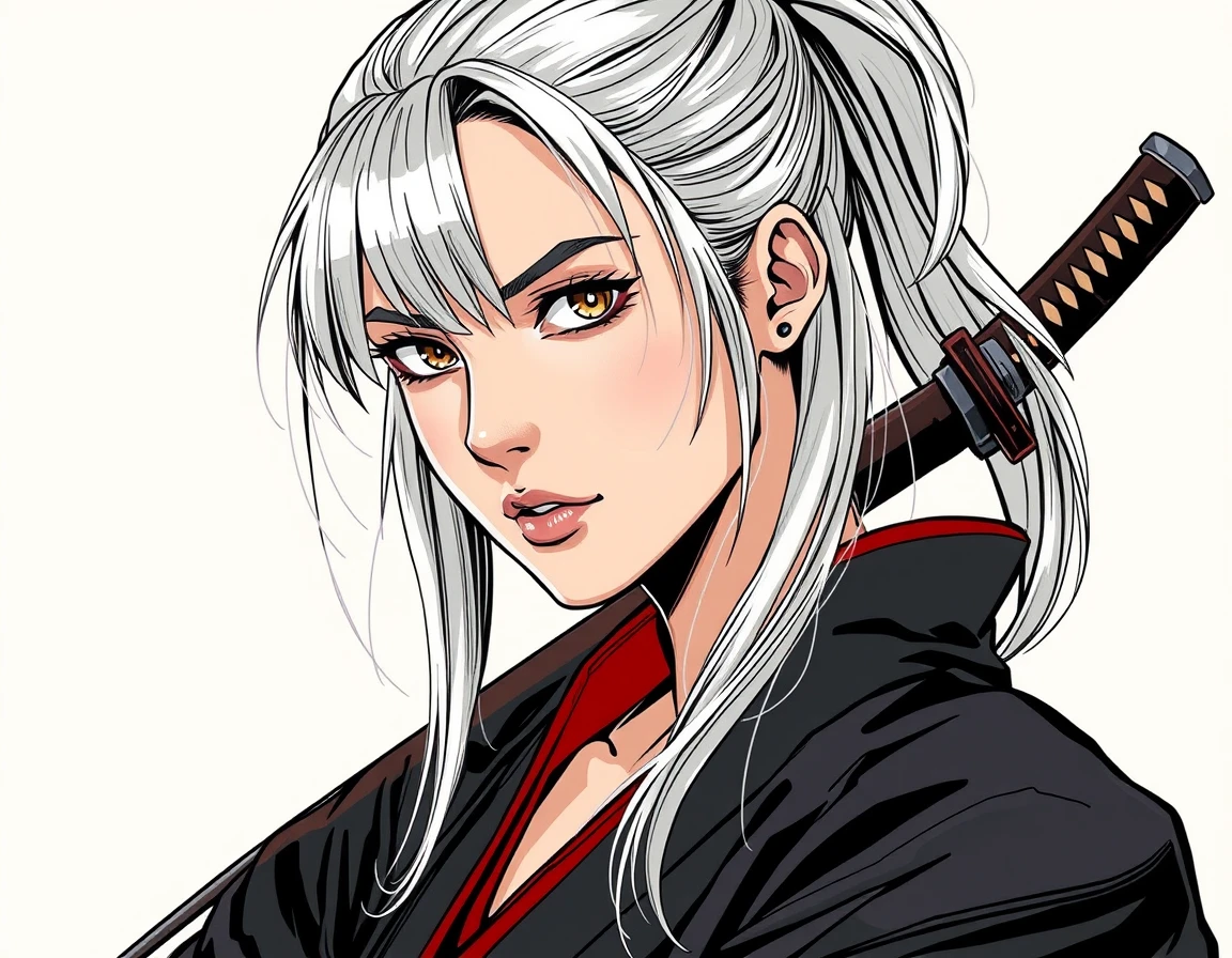 The same silver-haired ronin character rendered in comic style by MangaForge